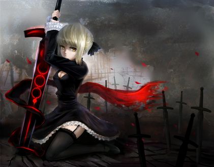 Обои на рабочий стол Сейбер / Saber из аниме Судьба: Начало / Fate / Zero сидит на коленях, опираясь на мечь