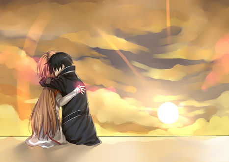 Обои на рабочий стол Асуна и Киригайя Казуто / Asuna and Kirigaya Kazuto из аниме Мастера меча онлайн / Sword Art Online