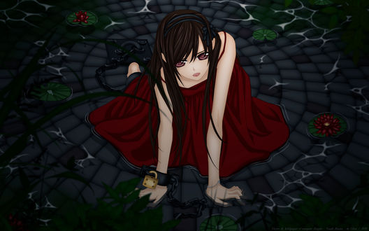 Обои на рабочий стол Юки Кросс / Yuki Cross из аниме Рыцарь-вампир / Vampire Knight, прикованная цепью, стоит на коленях в воде
