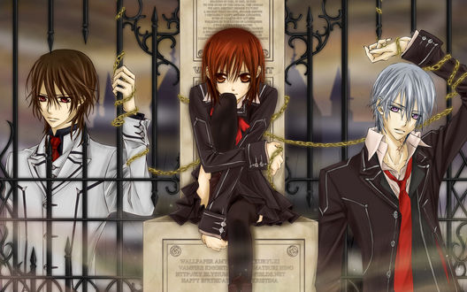 Обои на рабочий стол Юки Кросс / Yuki Cross, Зэро Кирю / Zero Kiryu и Канаме Куран / Kuran Kaname из аниме Рыцарь-вампир / Vampire Knight