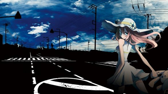 Обои на рабочий стол Девушка в платье и в шляпе идет по дороге, держа в руке игрушечного зайца на фоне неба