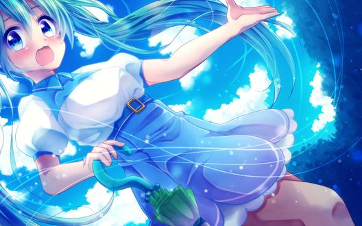 Обои на рабочий стол Vocaloid Hatsune Miku / Вокалоид Хатсуне Мику держа в руке зонт удивленно смотрит в сторону