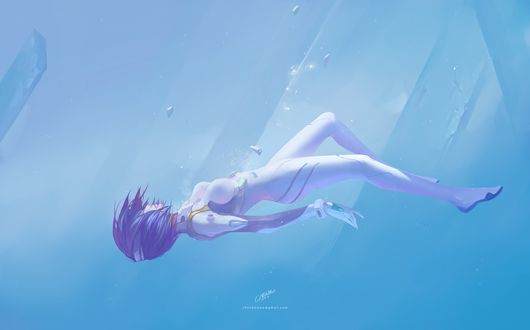 Обои на рабочий стол Тонущая Рей Аянами / Rei Ayanami из аниме Евангелион нового поколения / Neon Genesis Evangelion