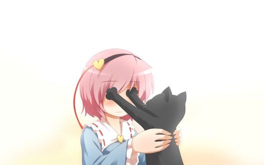 Обои на рабочий стол Сатори Комэидзи / Satori Komeiji из Тохо / Touhou держит перед собой черную кошку, которая закрыла ей глаза лапами