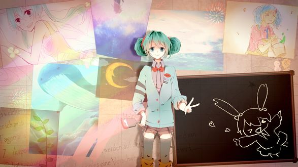 Обои на рабочий стол Vocaloid Hatsune Miku / Вокалоид Хатсуне Мику с кистью в руке стоит напротив стены с рисунками, рядом стоит доска