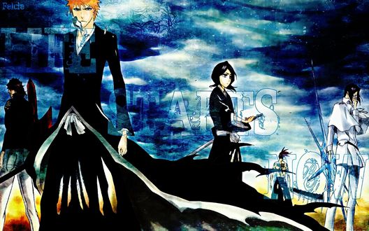 Обои на рабочий стол Абараи Рэнджи / Abarai Renji, Ичиго Куросаки / Ichigo Kurosaki, Рукия Кучики / Rukia Kuchiki, Урю Ишида / Ishida Uryu и Ясутора Садо / Sado Yasutora из аниме Блич / Bleach (Hee starts now / Это начинается сейчас)