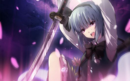 Обои на рабочий стол Konpaku Youmu со слезами на глазах держит в руках катану из игры Touhou / Восток