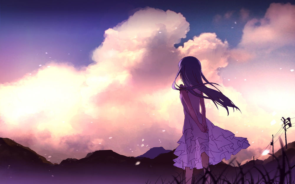Обои для рабочего стола Мэнма (Мэйко Хонма) из аниме Невиданный цветок / Anohana любуется закатом