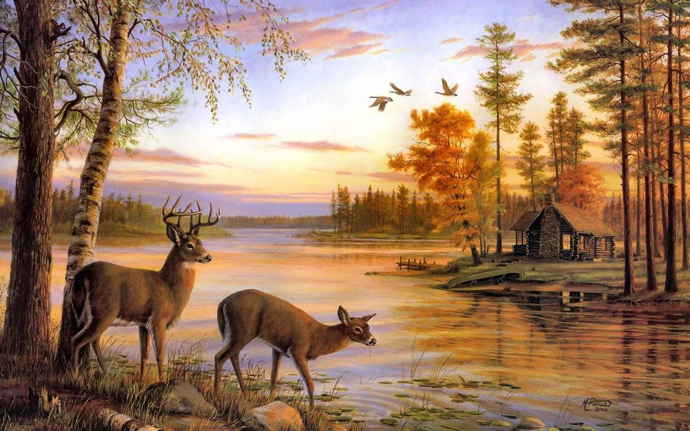 Обои для рабочего стола Два оленя стоят на берегу реки, на противоположном берегу стоит деревянный дом, в небе летают птицы