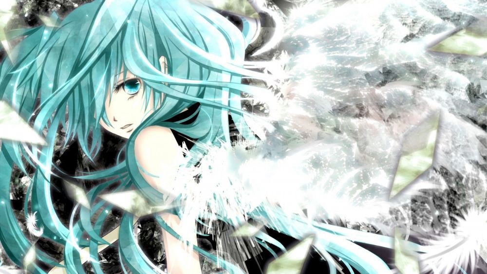 Обои для рабочего стола Vocaloid Hatsune Miku / Вокалоид Хатсуне Мику стоит среди осколок стекла
