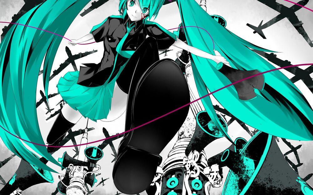 Обои для рабочего стола Vocaloid Hatsune Miku / Вокалоид Хатсуне Мику на фоне самолетов и громкоговорителей