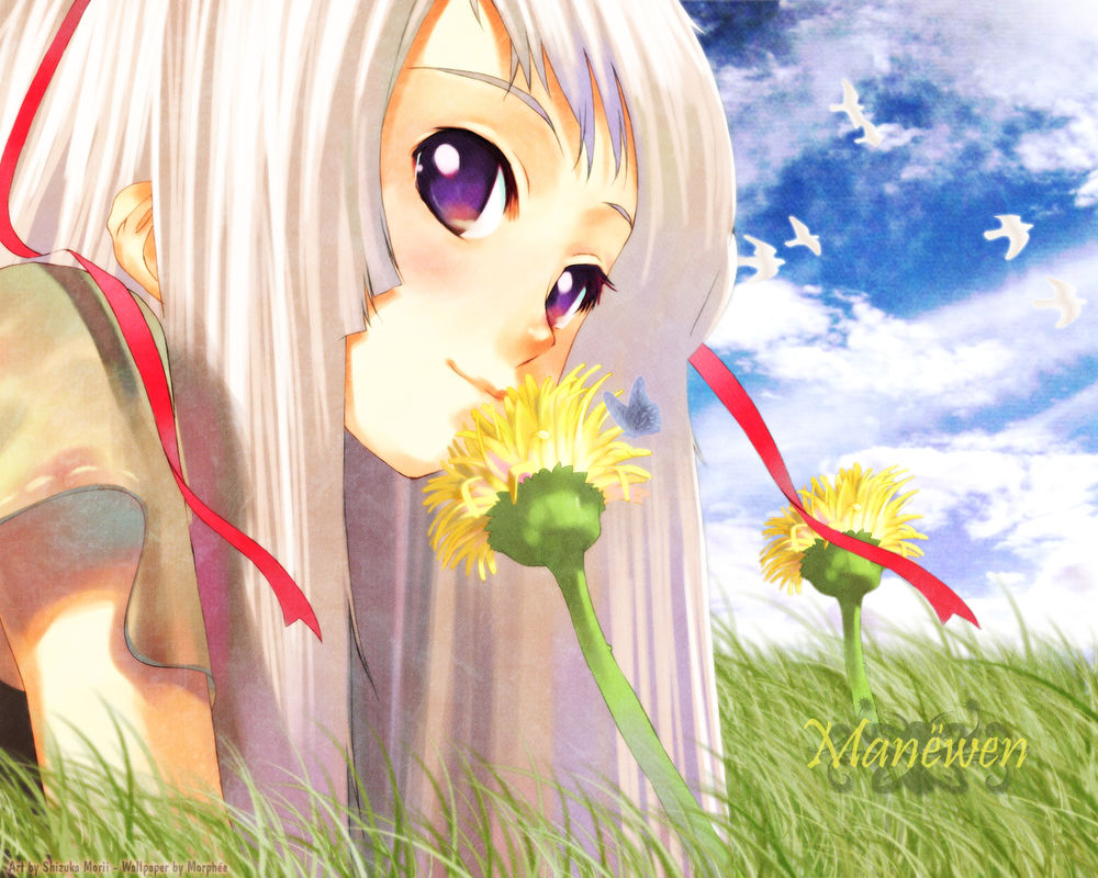 Обои для рабочего стола Светловолосая девушка нюхает цветы, лежа в траве, на фоне неба, в котором летаю птицы