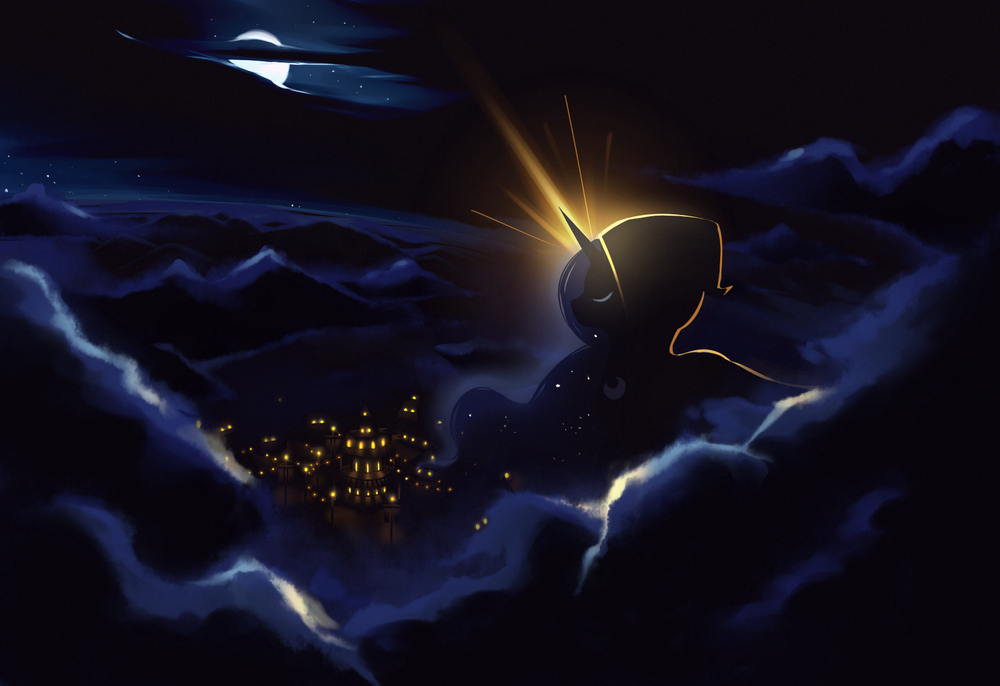 Обои для рабочего стола Princess Luna / Принцесса Луна освещает ночное небо над Понивилем / Ponyville, art / арт по мотивам мультсериала Мои маленькие пони: Дружба - это чудо / My Little Pony: Friendship is Magic