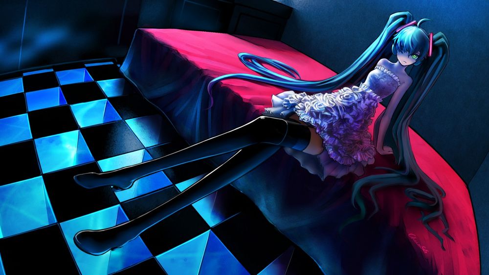 Обои для рабочего стола Vocaloid Hatsune Miku / Вокалоид Хатсуне Мику сидит на кровати, смотря в сторону