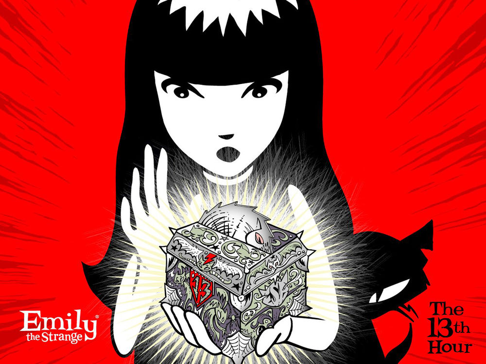 Обои для рабочего стола Эмели / Emily со светящейся шкатулкой в руке и Mystery / Тайна из комикса Emily the Strange / Странная Эмели (The 13th Hour)