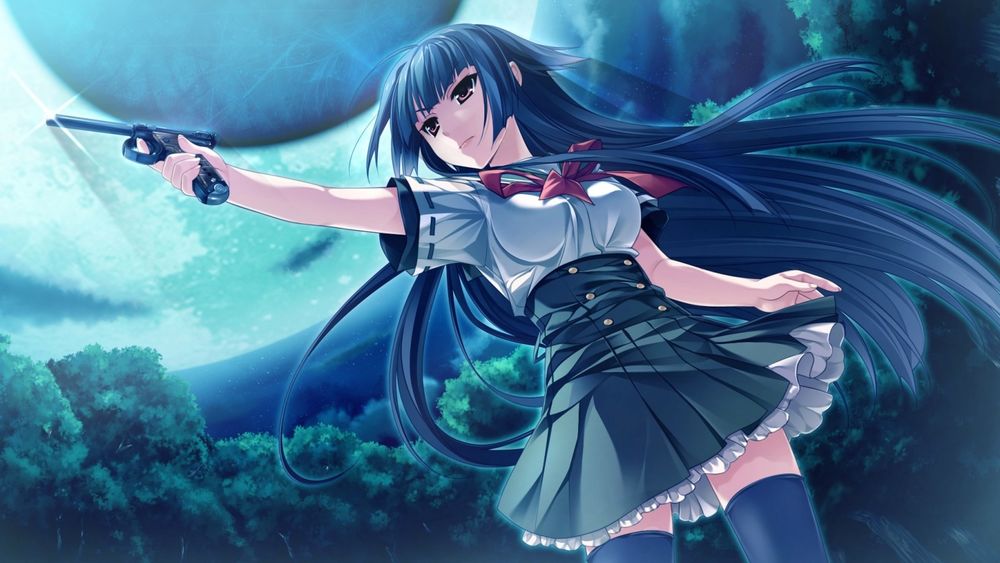 Обои для рабочего стола Девушка с длинными волосами в платье, стоит целясь, держа в руке пистолет на фоне деревьев ночного неба и луны