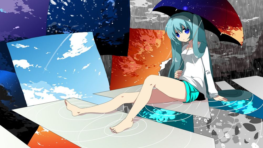 Обои для рабочего стола Vocaloid Hatsune Miku / Вокалоид Хатсуне Мику под зонтиком сидит на фоне разных рисунков неба под дождем