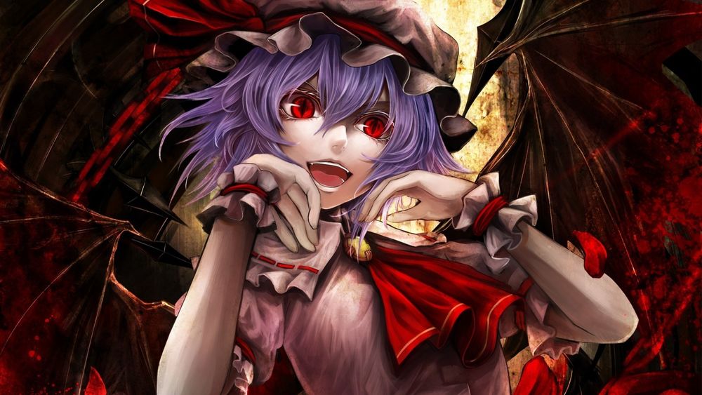 Обои для рабочего стола Ремилия Скарлет / Remilia Scarlet из игры Проект Восток / Тохо / Touhou Project приложила руки к лицу