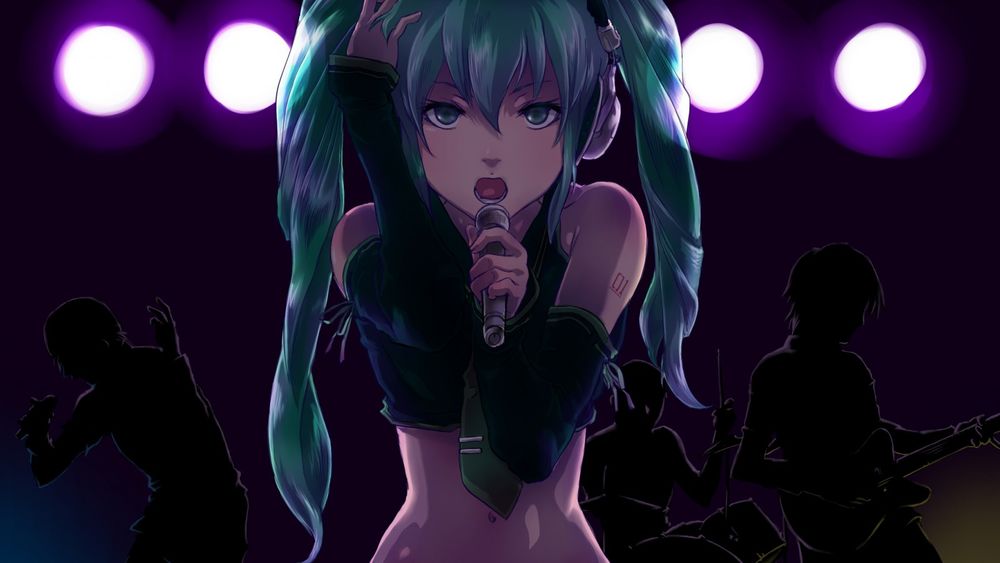 Обои для рабочего стола Vocaloid Hatsune Miku / Вокалоид Хатсуне Мику приложив руку к голове, держит в руке микрофон