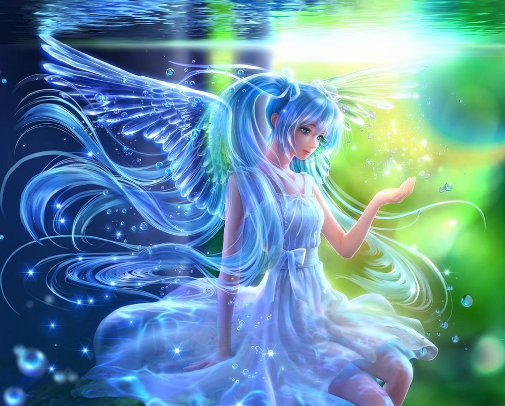 Обои для рабочего стола Vocaloid Hatsune Miku / Вокалоид Хатсуне Мику с ангельскими крыльями за спиной под водой