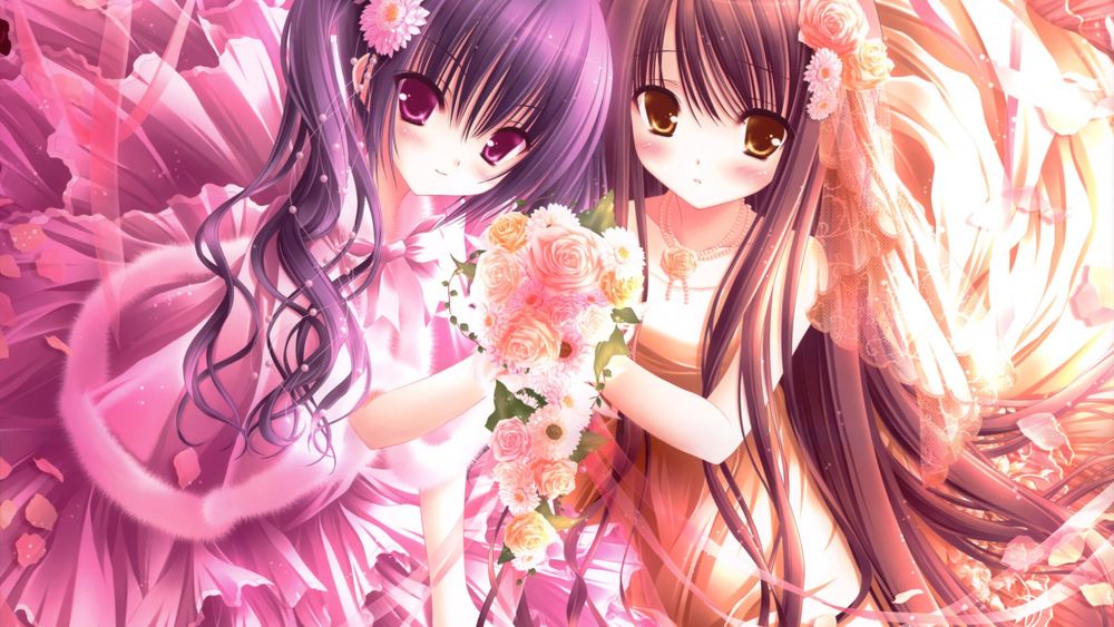 Обои для рабочего стола Две девушки в платьях стоят держа в руках букет цветов, смущенно смотря вперед