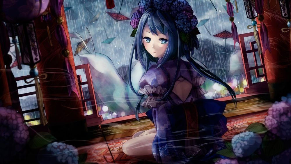 Обои для рабочего стола Девушка сидит в доме, задумчиво смотря в сторону на фоне сильного дождя и улетающих зонтиков в небе