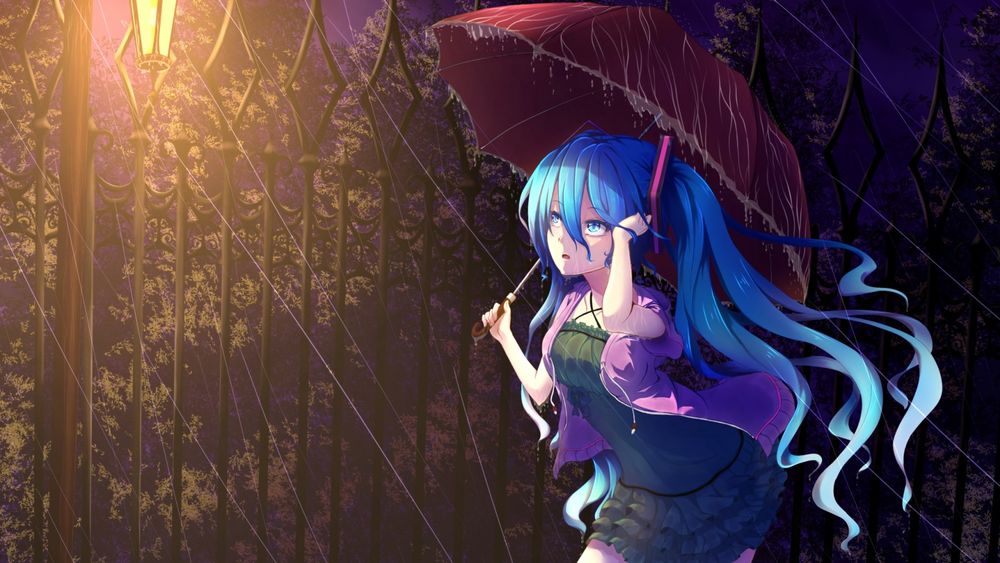 Обои для рабочего стола Vocaloid Hatsune Miku / Вокалоид Хатсуне Мику идет под зонтом, смотря на фонарь