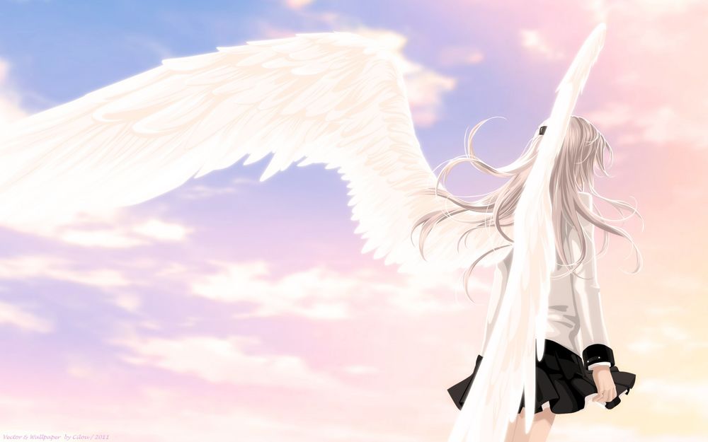 Обои для рабочего стола Kanade Tatybana / Канадэ Татибана стоит на фоне неба из аниме Angel beats / Ангельские ритмы