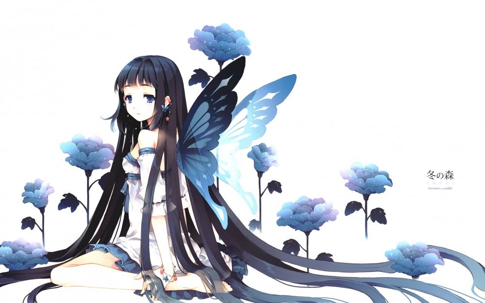Обои для рабочего стола Длинноволосая девушка в платье с крыльями бабочки сидит на фоне синих цветов