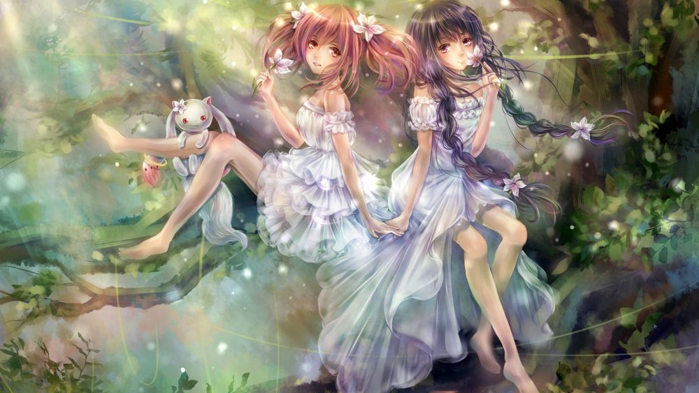 Обои для рабочего стола Две девушки в платьях сидят в лесу, держа в руке цветы