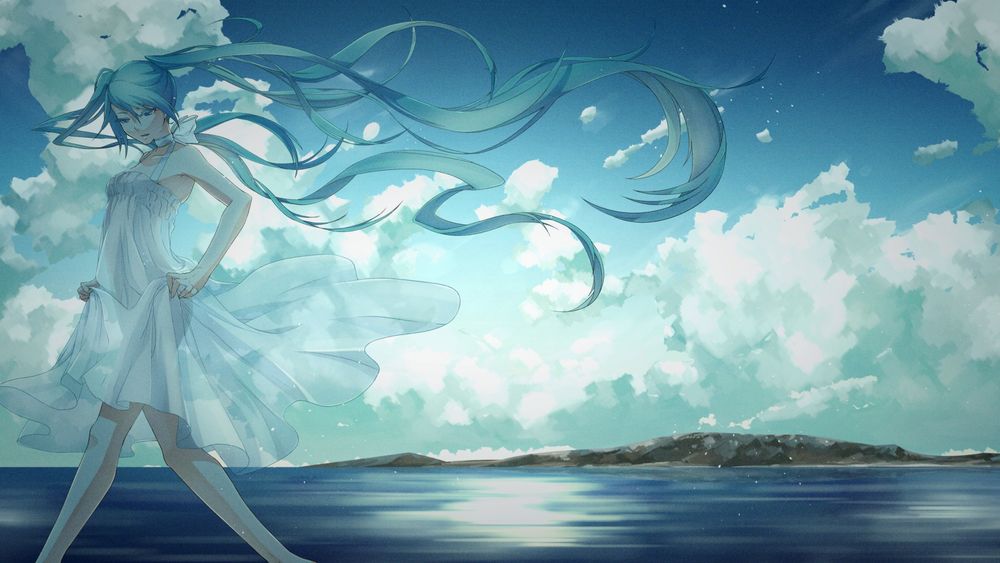 Обои для рабочего стола Vocaloid Hatsune Miku / Вокалоид Хатсуне Мику в белом платье идет по берегу моря на фоне неба