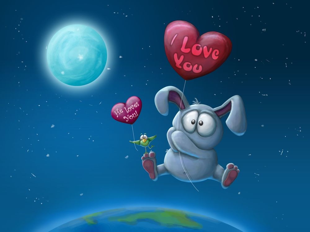 Обои для рабочего стола Заяц летит над планетой с воздушным шаром, на котором надпись I Love You / Я тебя люблю, на лапе зайца сидит птица с воздушным шаром в форме сердца, на котором надпись He Loves You! / Он любит тебя!