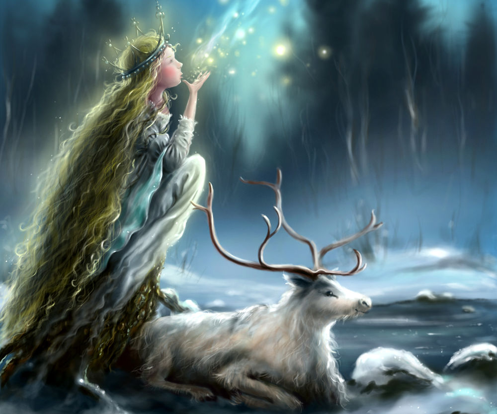 Обои для рабочего стола Светловолосая девушка с короной на голове колдует стоя на берегу водоема, рядом лежит олень