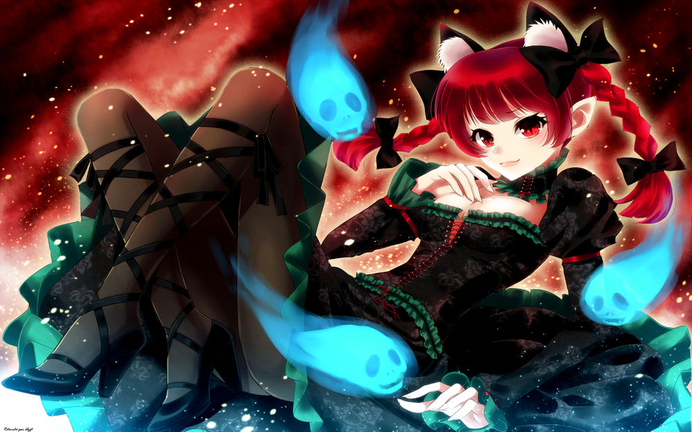 Обои для рабочего стола Rin Kaenbyou, вокруг которой летают духи, из игры Touhou Project / Проект Восток