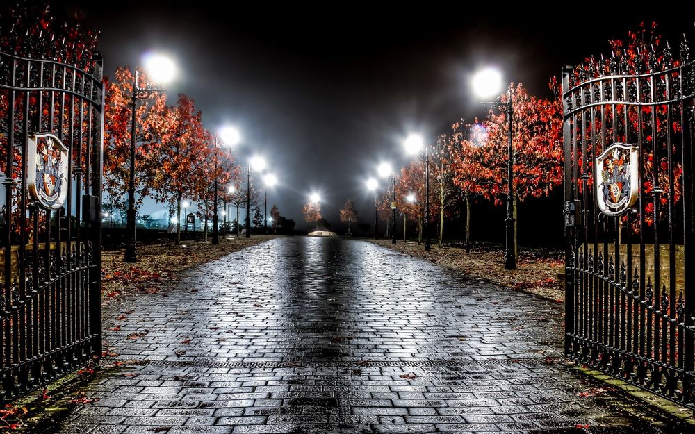 Обои для рабочего стола Кованные металлические ворота, стоящие на каменной брусчатой аллеи парка со стоящими по обочинам горящими электрическими фонарями, деревьями с красной осенней листвой на фоне ночного неба, Лондон, Англия / London England