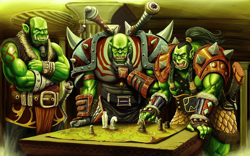 Обои для рабочего стола Трое орков решают военные вопросы над картой / арт к игре World Of Warcraft