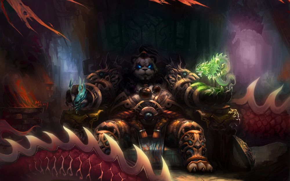 Обои для рабочего стола Пандарен с синими глазами сидит в кресле, вокруг него обвивается розовый дракон, а над рукой летает дух нефритовой змеи / арт к игре World Of Warcraft