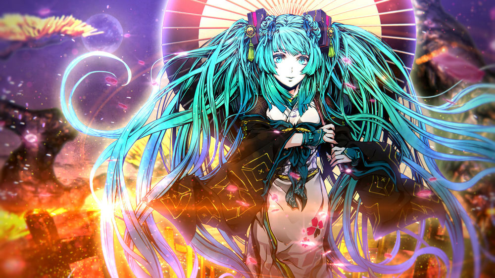Обои для рабочего стола Vocaloid Hatsune Miku / Вокалоид Хатсуне Мику, одетая в кимоно, стоит под зонтом