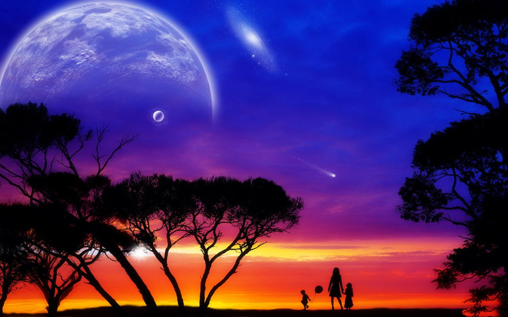 Обои для рабочего стола Силуэт матери, державшей за руку дочь и стоящего рядом сына с надувным воздушным шариком, стоящие возле деревьев на фоне багряного заката, синего неба, падающих комет и появившихся планет солнечной системы