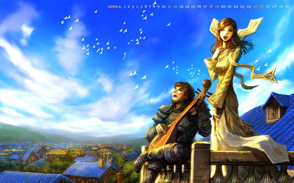 Обои для рабочего стола Человек играет на лютне для девушки-жрицы на крыше дома в Штормграде / арт к игре World Of Warcraft художник Yaorenwo