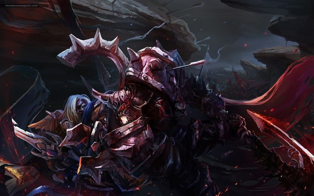 Обои для рабочего стола Человек сражается с орком / арт к игре World Of Warcraft художник Chenbo