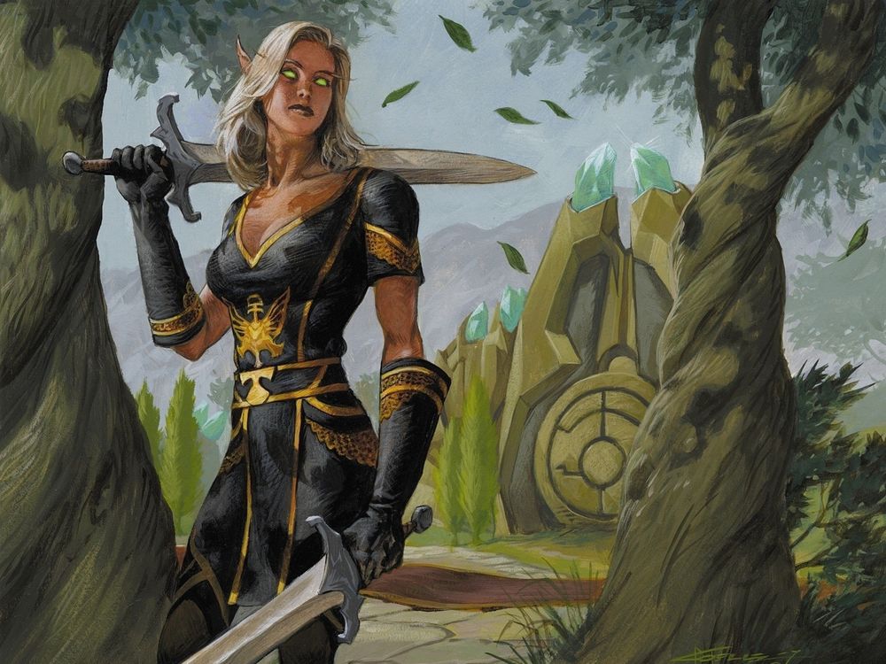 Обои для рабочего стола Кровавая эльфийка в накидке Похитителей Солнца с мечами в руках / арт к игре World Of Warcraft