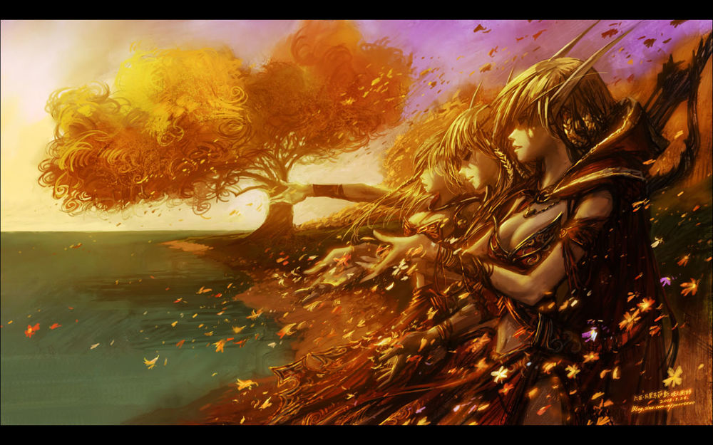 Обои для рабочего стола Эльфы крови стоят на берегу озера и смотрят на падающие осенние листья / арт к игре World Of Warcraft художник Yaorenwo