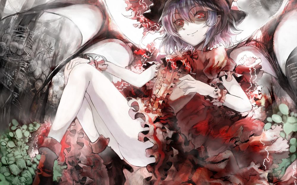 Обои для рабочего стола Remilia Scarlet / Ремилия Скарлет  с красными глазами сидит, смотря вперед, игра Touhou