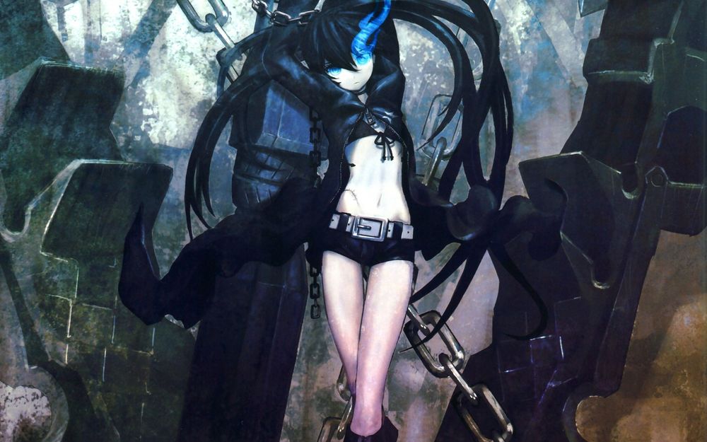 Обои для рабочего стола Мато Курой / Mato Kuroi из аниме Стрелок с Черной скалы / Black Rock Shooter стоит на фоне цепей