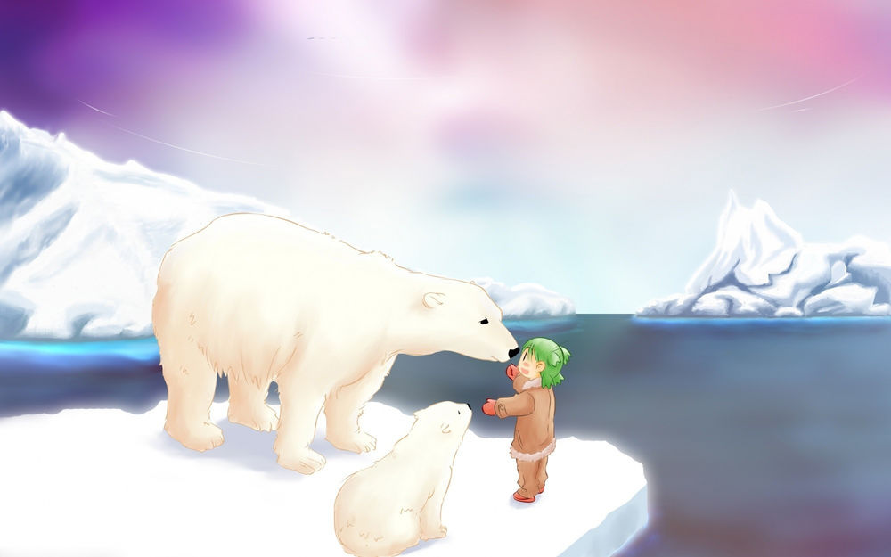 Обои для рабочего стола Маленькая девочка протягивает руку к белой медведице, стоя на льдине, рядом сидит медвежонок