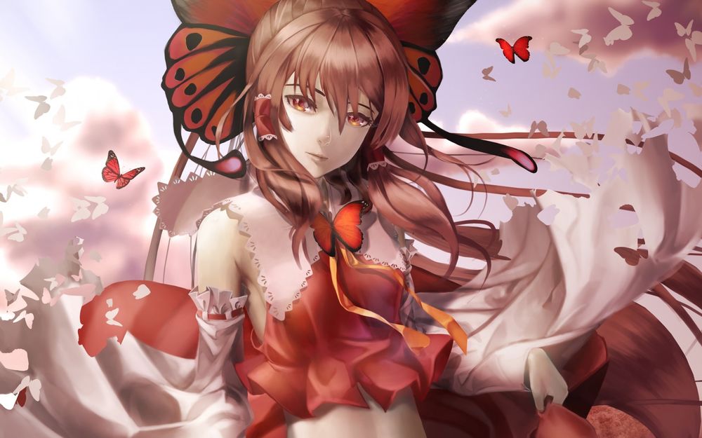 Обои для рабочего стола Рейму Хакурей / Reimu Hakurei из игры Тохо / Проект Восток / Touhou Project в красном платье среди множества бабочек