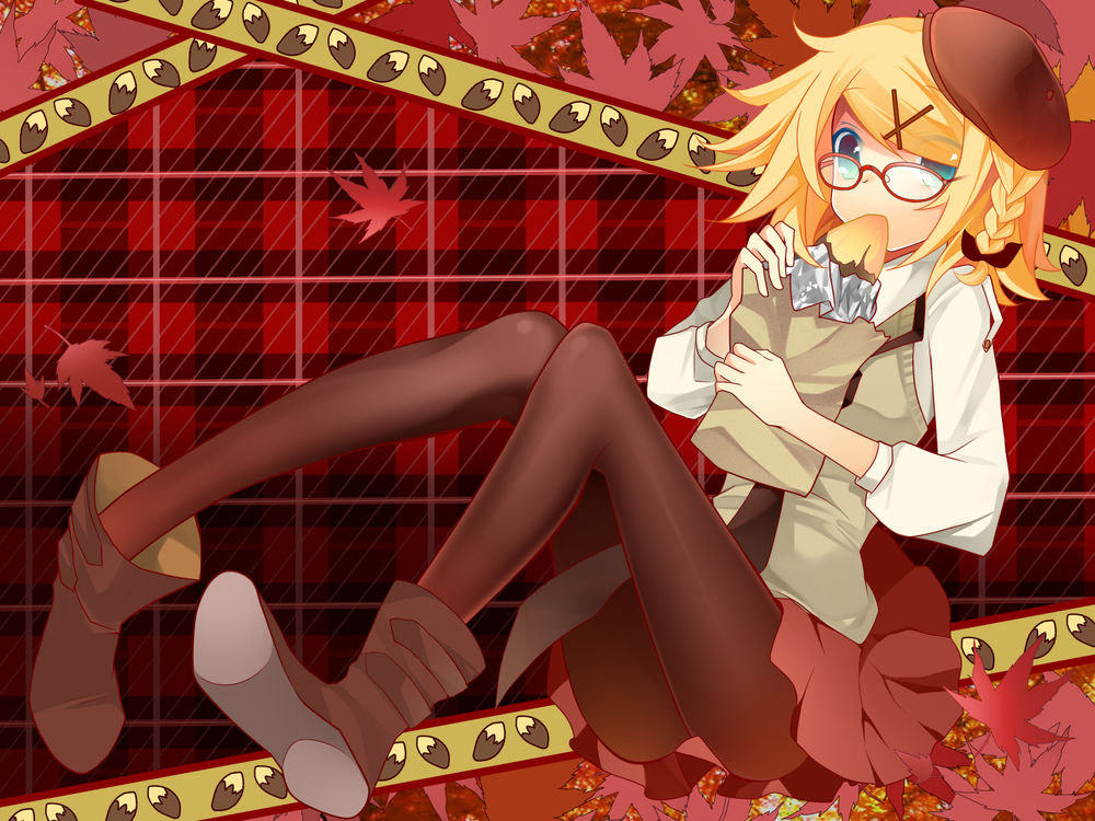 Обои для рабочего стола Vocaloid Kagamine Rin in autumn / Вокалоид Кагамине Рин в очках, осенью, ест горячий пирожок из пакета