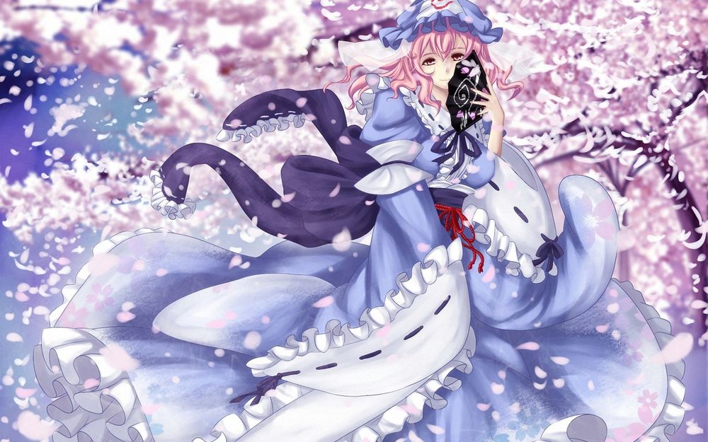 Обои для рабочего стола Ююко Сайгедзи / Yuyuko Saigyouji из игры Тохо / Проект Восток / Touhou project держи в руке веер на фоне сакуры