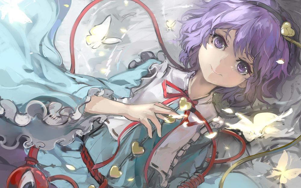 Обои для рабочего стола Сатори Комэидзи / Satori Komeiji из Тохо / Touhou Project лежит на воде, в окружении светящихся лепестков и бабочек